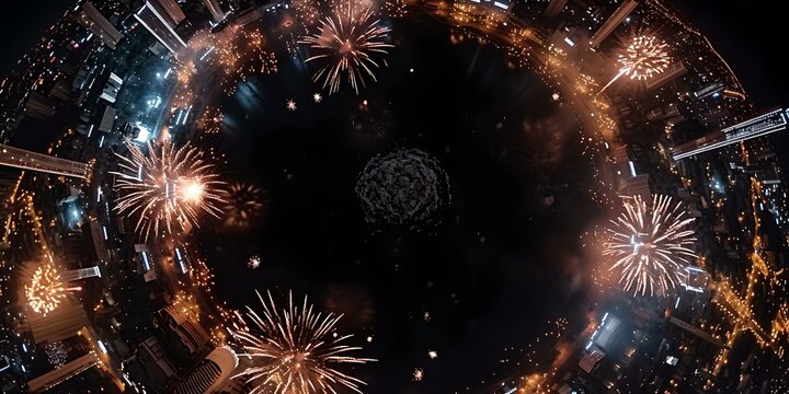 Aerial view of cityscape with bursting fireworks, festive night sky, celebration and urban beauty captured by drone. AI