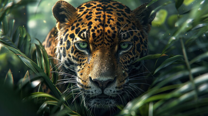 Jaguar with green eyes stalking prey, detailed vegetation in rainforest background