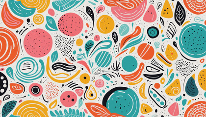 Colorful abstract doodle shape seamless pattern. Creative minimalist style art background, trendy design with basic shapes. Modern color wallpaper print backdrop.