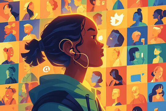 Illustration of young teeager girl in flow of social networks and prvacy in the Internet