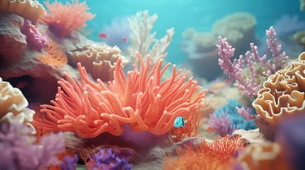 Fototapeten Flower sea living coral and reef color under deep dark water of sea ocean environment. © alexkich