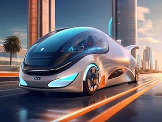 Visualize the future of transportation in the technology revolution with images featuring electric and autonomous vehicles, using a dynamic perspective to convey the speed and efficiency of next-gener