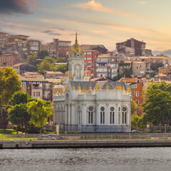 Sunset view from Golden Horn of Neo Byzantine architecture style Bulgarian St. Stephen Church, a...