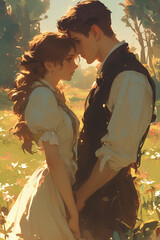 young couple in love in the 19th century in a blooming spring garden, characters for the cover for a novel