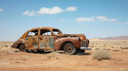 Old classic wreck of retro vintage car left rusty ruined and damaged abandoned in the desert