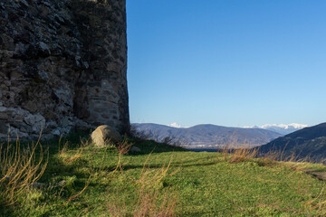 Jvari monastery on the hill. Blue clear sky on background.
