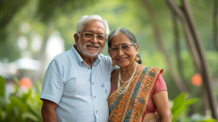 Indian ethnicity. Portrait of Happy senior couple at summer park