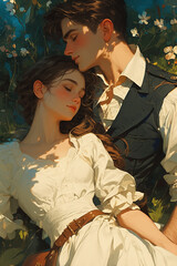 young couple in love in the 19th century in a blooming spring garden, characters for the cover for a novel