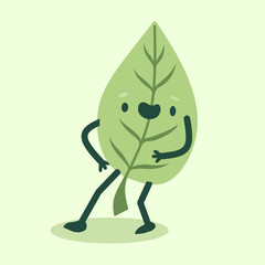 Green leaves character. Cartoon tea peppermint and tree leaf mascot with cute smiling face. Vector green leaf 