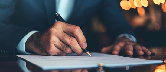 A man in a suit is elegantly signing a document with a pen, his finger poised over the smooth texture of the paper.