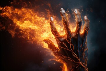 Fire hand burning on dark background