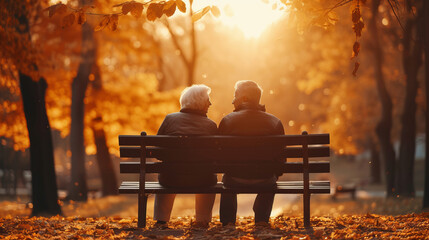 Senior couple sitting on bench in autumn park and looking sunset