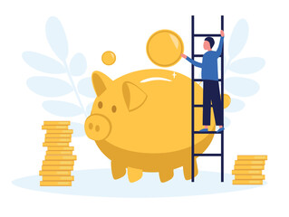 Personal finance strategy, businessman utilizing stair to climb up pink piggy bank with brilliant cash coin as last target. Business concept on the path to success.