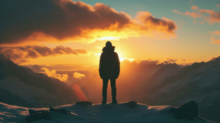 Silhouette of a person that is standing on the top of the mountains