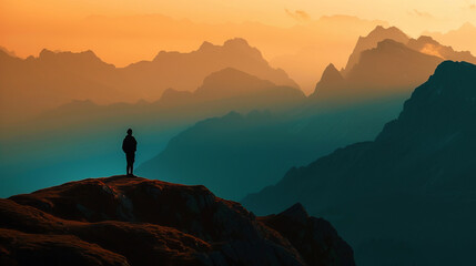 Silhouette of a person that is standing on the top of the mountains
