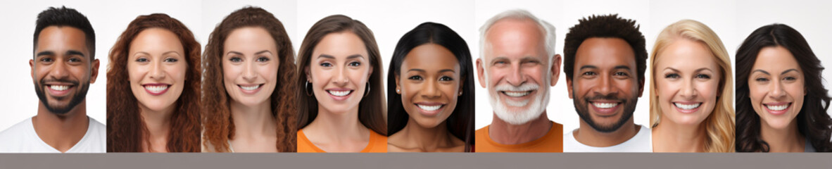 Portraits of happy multiethnic people in front of white background. Headshots