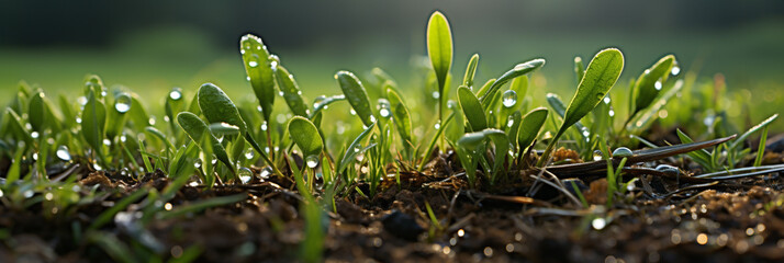 A beautiful macro closeup image of small green natural grass plant bud with water drops on its...