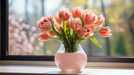 Obraz na płótnie Canvas White tulips in a vase. Valentine's flower bouquet. Flowers near the window. Tulips.
