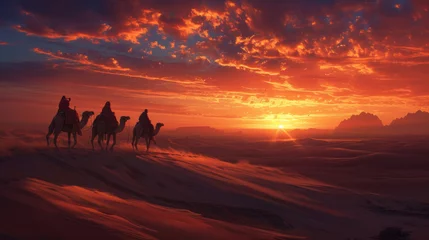 Keuken spatwand met foto Travelers on the camels. Sunset in the desert, landscape © standret