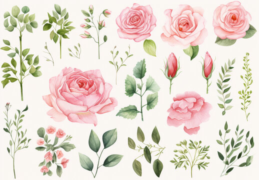 Set watercolor design elements of roses collection garden pink flowers, leaves, gold branches Generation AI