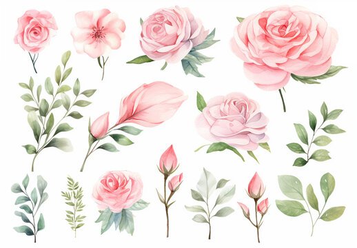 Set watercolor design elements of roses collection garden pink flowers, leaves, gold branches Generation AI