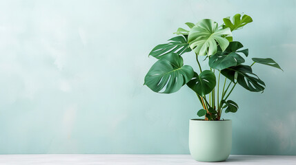 image of a monstera in modern pot, with empty copy space, plain background with shadows - obrazy, fototapety, plakaty