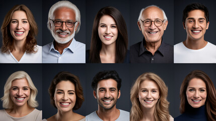 Portraits of happy smiling people in front of a dark background.