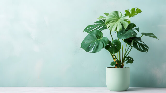 image of a monstera in modern pot, with empty copy space, plain background with shadows
