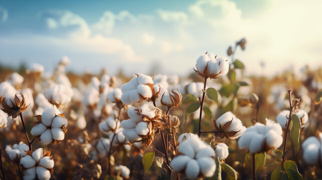 Cotton flowers on field and blue sky background