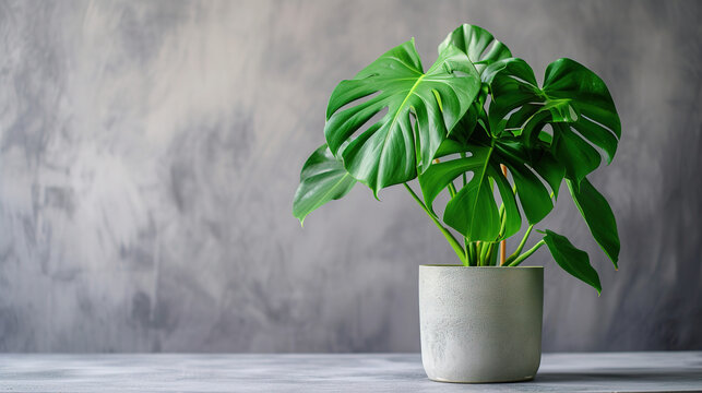 image of a monstera in modern pot, with empty copy space, plain background with shadows