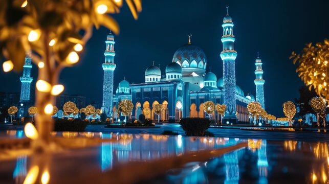 Serene photos depicting mosques lit up with decorative lights during the holy month