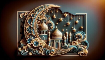 Ramadan Kareem vector card with 3d golden metal crescent, hanging stars, paper cut clouds, mosque. Arabic style arch with traditional pattern. Copy space.

