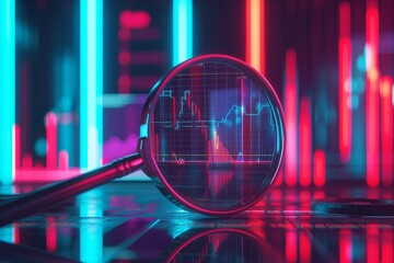 Data analysis with magnifying glass, charts and graphs and ultraviolet neon screen