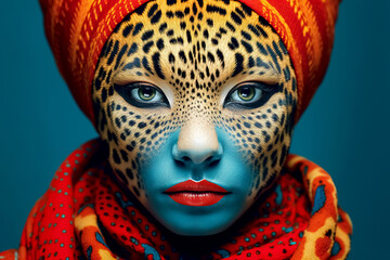 A woman with a leopard print on her face is wearing a turban and scarf