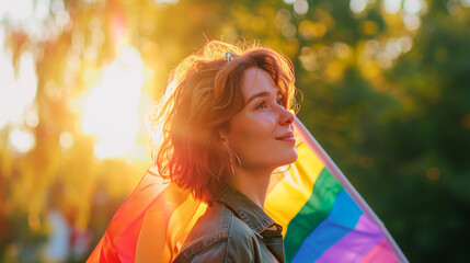 Identity Illuminated Joyful Portrait of a Lesbian Woman with LGBT Pride Background