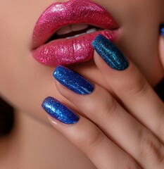 pretty woman with colourful manicure and lips
