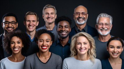 Obraz premium Portrait of smiling multiethnic group of people over black background. Headshots