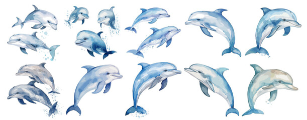 set of watercolor dolphin, Sticker, ornament, illustration,  PNG, generated ai