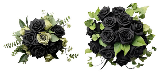Top view of isolated black and green roses bouquets with green floral ornaments. Flowers bunch on transparent background. Generative AI.	
 - obrazy, fototapety, plakaty