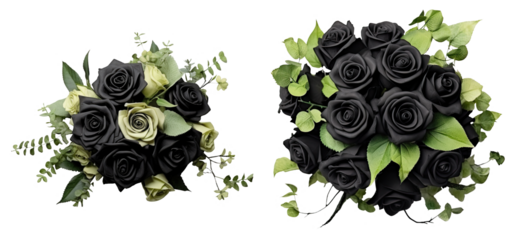 Top view of isolated black and green roses bouquets with green floral ornaments. Flowers bunch on transparent background. Generative AI.	

