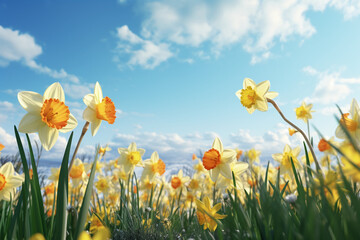 Field of yellow daffodils under blue sky Generation AI 