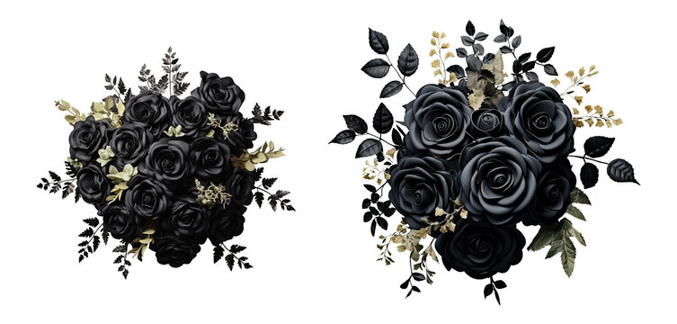 Top view of two isolated black roses goth bridal bouquets with floral ornaments. Dark victorian ghotic wedding flowers bunch on transparent background.	
