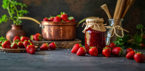 pot de confiture de fraise, avec fraises à côté et chaudron en cuivre en arrière-plan