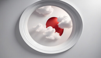 3d rendering, abstract geometric background. Soft realistic clouds fly inside the round red hole on the white wall. Minimalist modern wallpaper