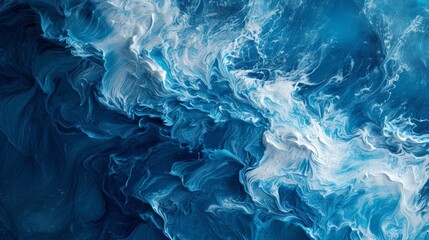 Fluid brushstrokes and shades of blue evoke the ebb and flow of ocean waves