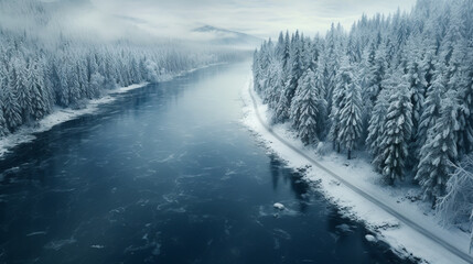 Overhead view of a road through a snow covered landscape - 731578849