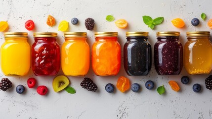 Minimalist backdrops adorned with jars of vibrant fruit jams
