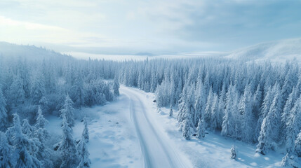 Obraz premium Overhead view of a road through a snow covered landscape