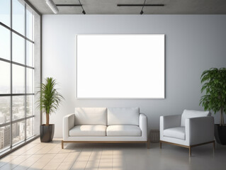 Fototapeta na wymiar Modern office interior with a blank white canvas frame on the wall, furniture, and decorative plants. Ai generative