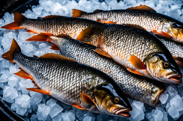 Fresh frozen carp on store counter in hypermarket. Fresh seafood on crushed ice at fish market. Frozen sea fish on display counter at store. Concept of retail food backgrounds. Copy ad text space